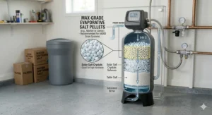 Illustration of a large capacity brine tank for a 64,000-grain softener being filled with salt pellets.