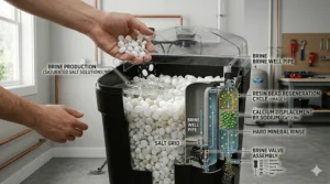 Close-up illustration of the brine tank and salt pellets used for regenerating hard water resin.