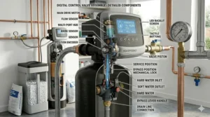 A close-up illustration of a digital water softener control valve and bypass valve for installation and maintenance reference.