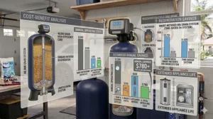 Illustration highlighting savings on soap, appliances, and energy with a whole house water softener.