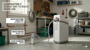 Graphic showing the easiest way to route a water softener drain line to a floor drain or standpipe.