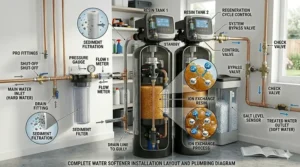 A professional plumbing diagram showing the proper installation sequence for a whole-house water softener system and sediment filter.