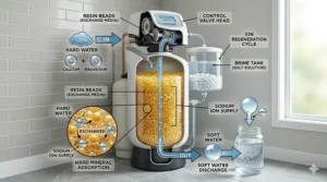 Simple illustration of the ion exchange process inside a water softener tank.