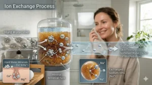 Diagram of a water softener swapping hard minerals for sodium ions to create skin-friendly water.