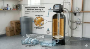 Cross-section illustration of high-capacity resin beads inside a 64k grain softener tank.