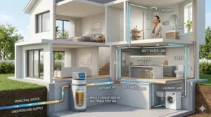 Simple blueprint showing a water softener installed at the main water line for a skin-safe home.
