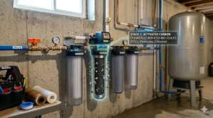 Activated carbon filter stage for well water to improve taste and remove chemical pesticides or herbicides.