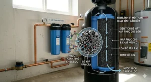High-detail microscopic view of activated carbon pores adsorbing VOCs and chemicals from a city water supply.