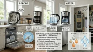 Illustration showing how a whole house water filter prevents scale buildup in dishwashers and washing machines.