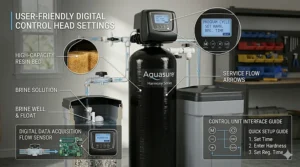 Close-up illustration of the Aquasure programmable digital control head showing user-friendly interface settings.