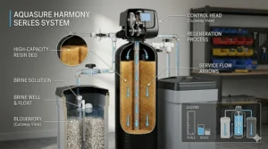 Detailed illustration of the Aquasure Harmony Series water softener tank and brine tank components.