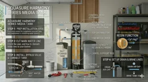 Cross-section illustration of the high-capacity resin inside an Aquasure tank capturing calcium and magnesium ions.