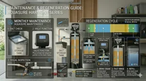 Diagram explaining the automatic backwash and regeneration cycle of an Aquasure water softening system.