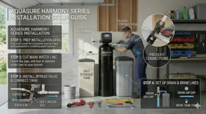 A simplified DIY installation diagram for an Aquasure water softener system in a residential garage.