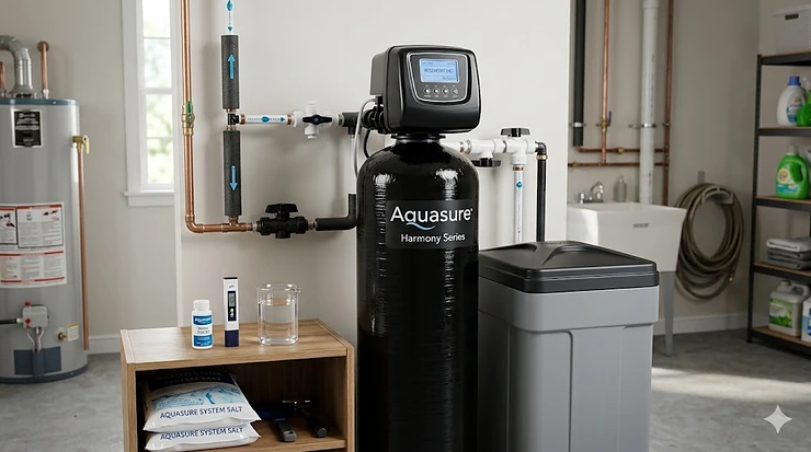 A side-by-side comparison of an installed Aquasure Harmony Series water softener and a glass of crystal clear water. aquasure water softener reviews