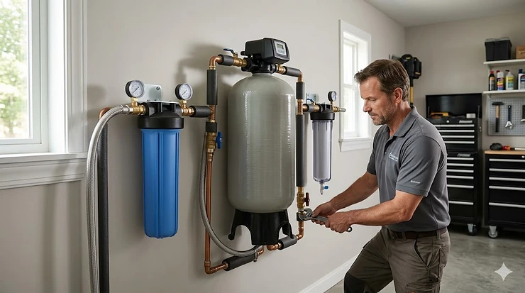 A professional installation of a multi-stage whole house water filter system in a residential garage.