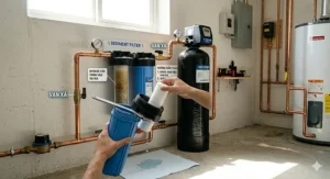 A photorealistic close-up of a homeowner replacing a sediment filter cartridge in a whole house city water system.