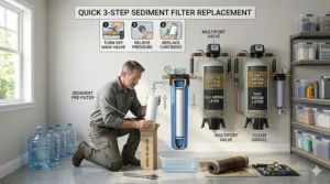 Illustration of a homeowner easily replacing a 20-inch sediment filter in a whole house housing unit.