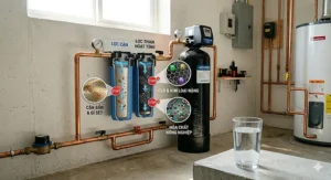 Detailed cross-section illustration showing a whole house filter removing sediment, chlorine, and heavy metals from city water.