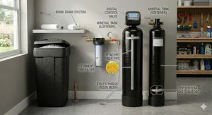 Labeled illustration of the digital control valve, mineral tank, and pre-filter of a water softener and filter combo.
