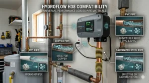 Illustration showing an electronic descaler unit working effectively on PEX, copper, and galvanized steel pipes.