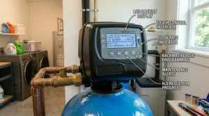 Close-up illustration of a digital control valve for an automatic sulfur removal whole house filter system.