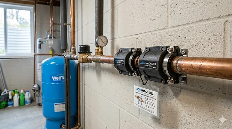A professional installation of a magnetic water conditioner on a main copper water pipe to demonstrate how magnetic water softeners work.
