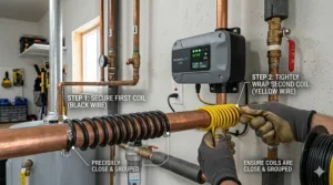 Close-up illustration of the induction coils wrapped tightly around a PVC water pipe for an electronic descaler.