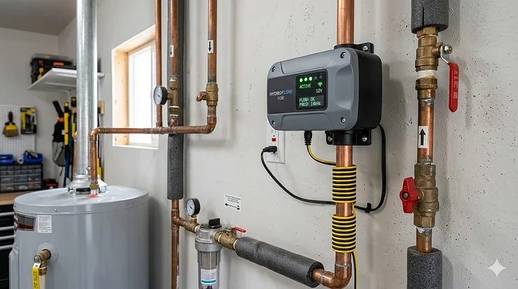 A modern electronic water descaler unit installed on a main copper water pipe in a residential garage.