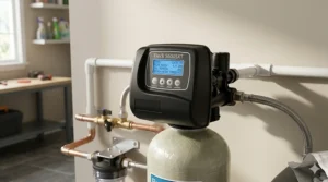 A photorealistic, highly detailed 4K close-up photograph capturing the black Fleck 5600SXT digital control valve assembly with sharp focus on the glowing blue LCD screen showing system status.