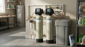 A photorealistic, highly detailed 4K illustration capturing a Fleck 9100SXT dual-tank (twin-alternating) water softener system in a well-lit residential utility room with detailed control valves and a large brine tank.