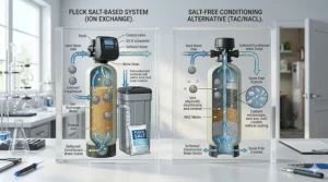 A photorealistic, highly detailed 4K side-by-side cutaway illustration in a brightly lit technical lab comparing a Fleck salt-based ion-exchange system with a salt-free conditioning alternative.