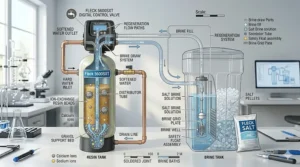 A photorealistic, highly detailed 4K transparent illustration diagram showing a complete cross-section of a Fleck 5600SXT resin tank and brine tank, detailing resin beads, the distributor tube, and the brine well.