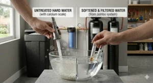 Comparison illustration showing the effects of hard water minerals versus purified water from a softener and filter combo.