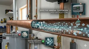 Visual representation of calcium ions suspended in water after passing through an electronic descaling field.