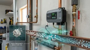 Illustration showing electromagnetic waves from a descaler altering mineral crystals in hard water.
