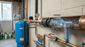 A step-by-step illustration of a DIY magnetic water softener installation on a home's incoming water line.