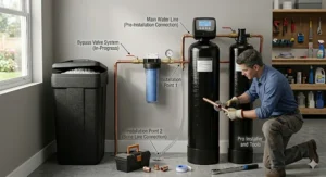Illustration of the plumbing layout for a professional water softener and filter combo installation on a main water line.