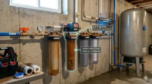 Illustration of an oxidation filter tank designed to remove iron and sulfur smells from well water.