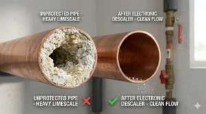A side-by-side comparison of a pipe clogged with limescale versus a clean pipe after using an electronic water descaler.