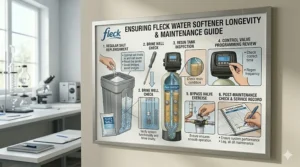 A photorealistic, high-detail 4K annotated chart titled 'ENSURING FLECK WATER SOFTENER LONGEVITY & MAINTENANCE GUIDE' featuring a six-step process for salt replenishment, valve checks, and service logging.