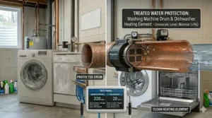 Graphic showing a washing machine and dishwasher protected from hard water damage by magnetic treatment.