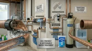 An infographic highlighting the eco-friendly, salt-free nature of magnetic water softening technology.