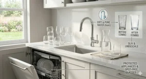 Illustration of clear, spot-free glassware and scale-free appliances protected by a water softener and filter combo.