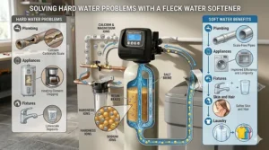 A photorealistic, complex annotated diagram titled 'SOLVING HARD WATER PROBLEMS WITH A FLECK WATER SOFTENER' showing a central Fleck system alongside icons for plumbing scale, appliance clogging, and soft water benefits.