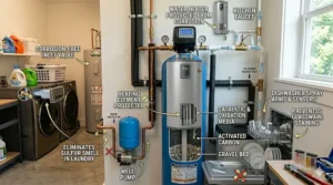 Illustration showing how a sulfur removal filter prevents corrosion and buildup in household appliances like water heaters and dishwashers.
