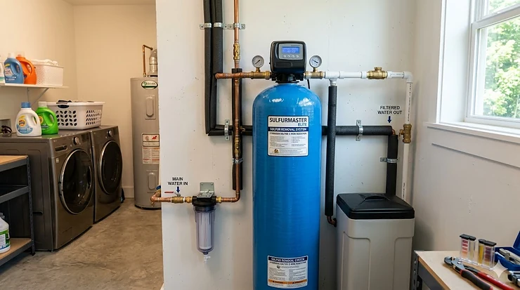 A professional installation of a sulfur removal whole house filter system in a residential utility room.