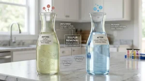 Comparison of yellow-tinted sulfur water before treatment and clear, odorless water after using a whole house filter.