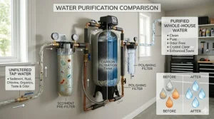 Comparison illustration showing unfiltered tap water versus water purified by a whole house carbon filter.