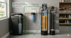 Detailed cross-section diagram of a water softener and filter combo showing the resin bed and activated carbon media layers.